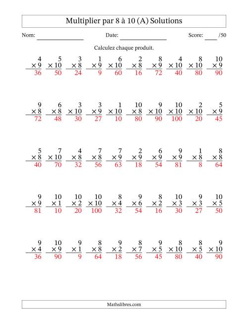 Multiplier (1 à 10) par 8 à 10 (50 Questions) (A) page 2