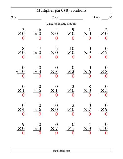 Multiplier (1 à 10) par 0 (36 Questions) (B) page 2