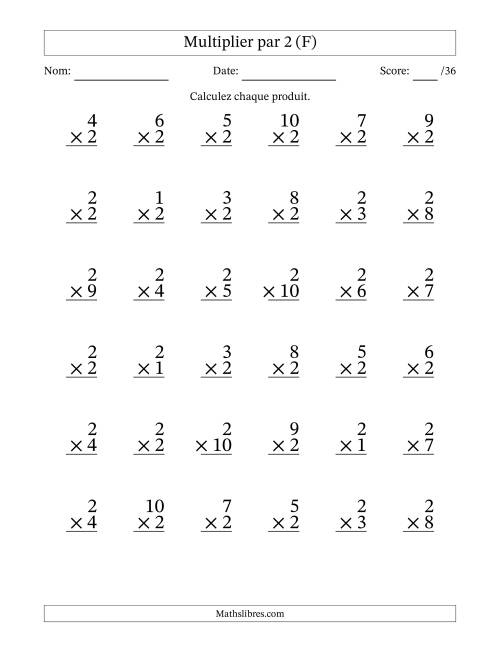 Multiplier (1 à 10) par 2 (36 Questions) (F)