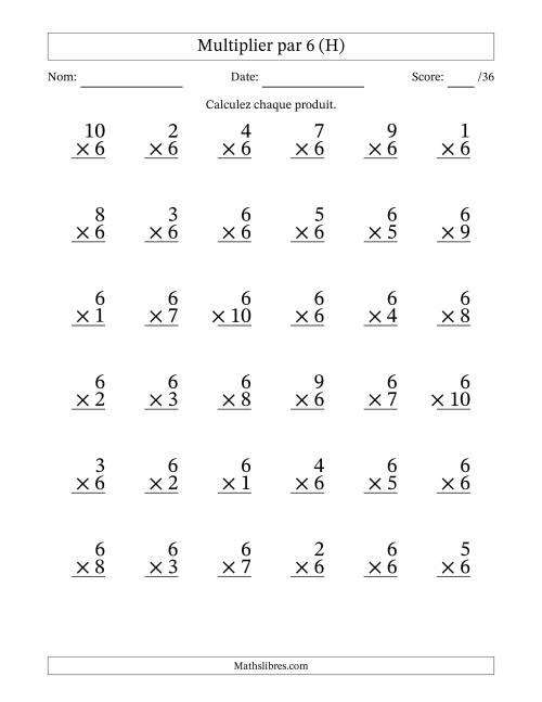 Multiplier (1 à 10) par 6 (36 Questions) (H)