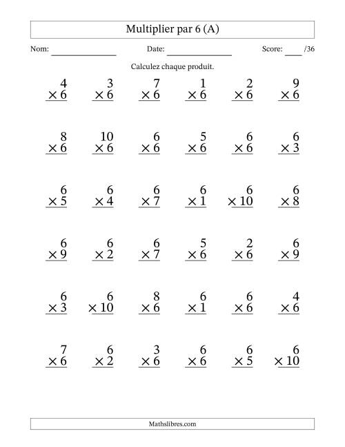 Multiplier (1 à 10) par 6 (36 Questions) (Tout)