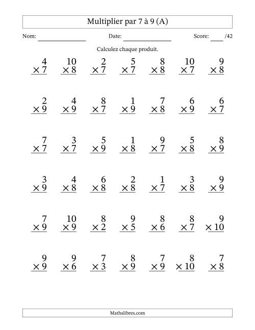 Multiplier (1 à 10) par 7 à 9 (42 Questions) (Tout)