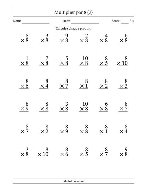 Multiplier (1 à 10) par 8 (36 Questions) (J)