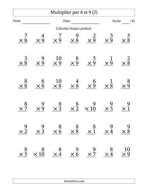 Multiplier (1 à 10) par 8 et 9 (42 Questions) (J)