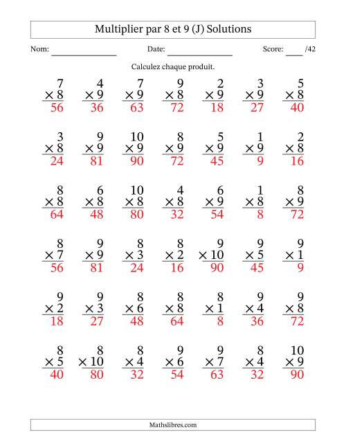 Multiplier (1 à 10) par 8 et 9 (42 Questions) (J) page 2
