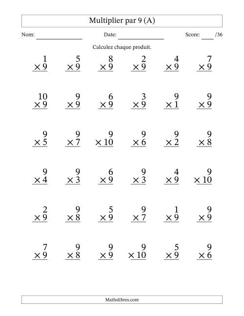 Multiplier (1 à 10) par 9 (36 Questions) (A)