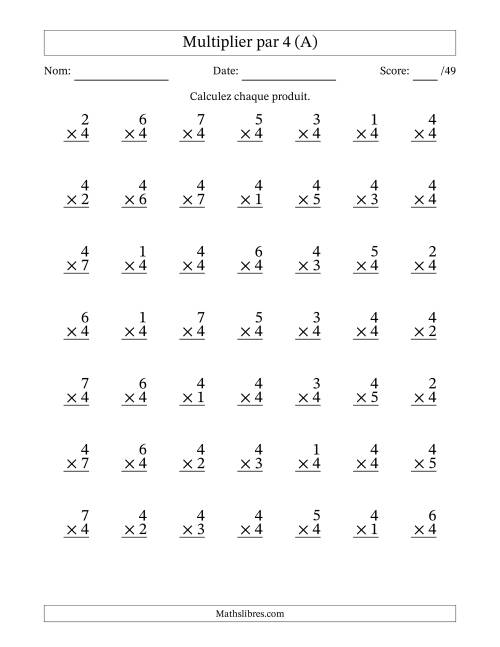 Multiplier (1 à 7) par 4 (49 Questions) (A)