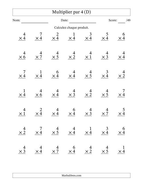 Multiplier (1 à 7) par 4 (49 Questions) (D)