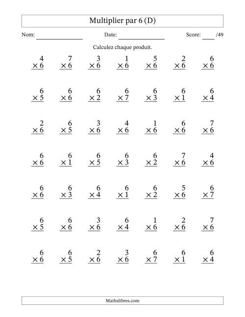 Multiplier (1 à 7) par 6 (49 Questions) (D)
