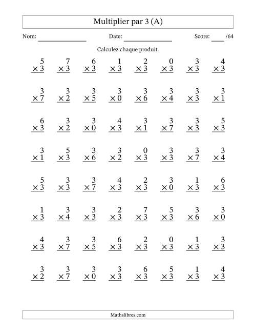 Multiplier (0 à 7) par 3 (64 Questions) (Tout)