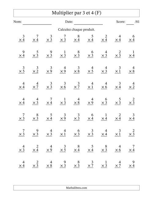 Multiplier (1 à 9) par 3 et 4 (81 Questions) (F)