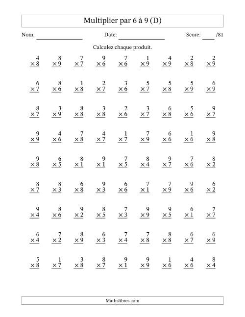 Multiplier (1 à 9) par 6 à 9 (81 Questions) (D)