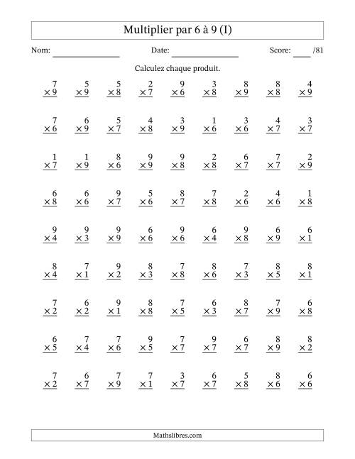 Multiplier (1 à 9) par 6 à 9 (81 Questions) (I)
