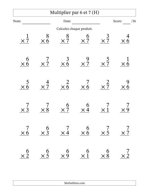 Multiplier (1 à 9) par 6 et 7 (36 Questions) (H)