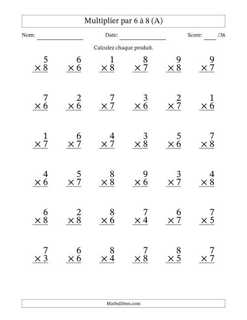Multiplier (1 à 9) par 6 à 8 (36 Questions) (A)