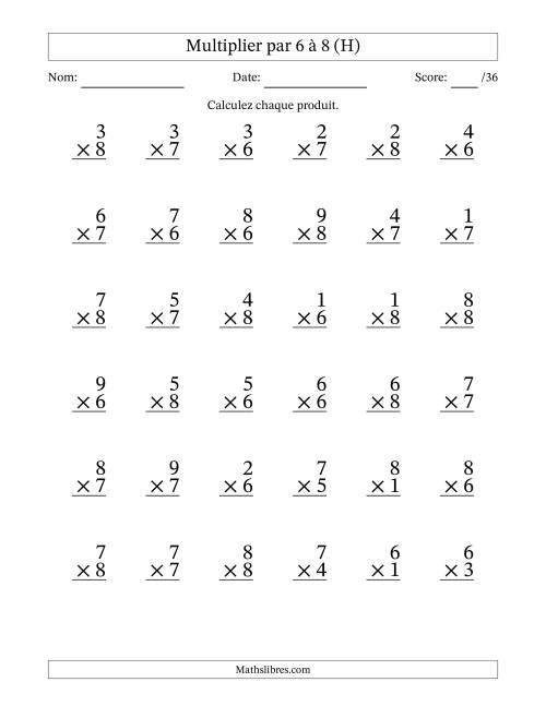 Multiplier (1 à 9) par 6 à 8 (36 Questions) (H)