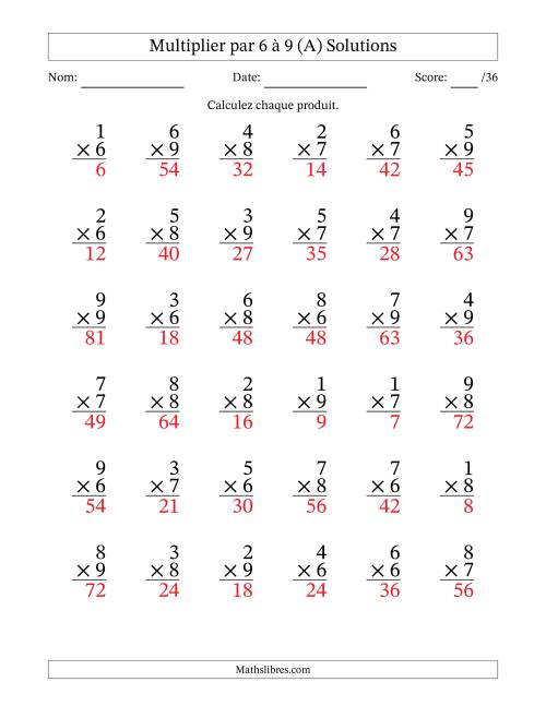 Multiplier (1 à 9) par 6 à 9 (36 Questions) (A) page 2