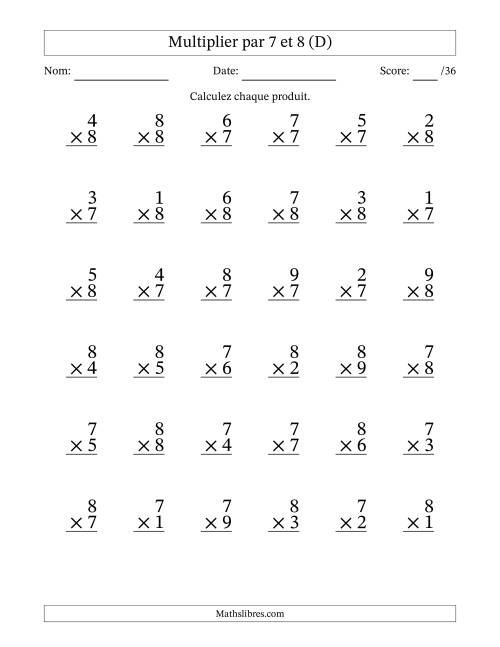 Multiplier (1 à 9) par 7 et 8 (36 Questions) (D)