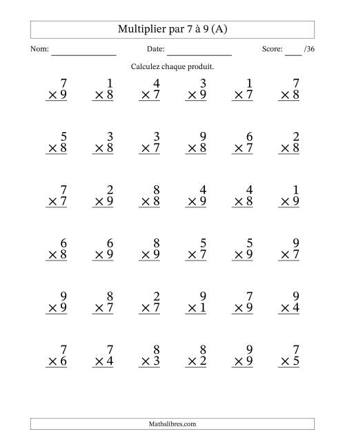 Multiplier (1 à 9) par 7 à 9 (36 Questions) (A)