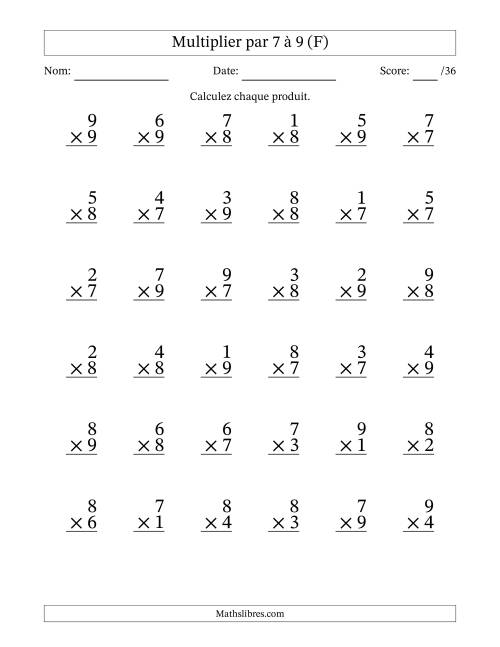 Multiplier (1 à 9) par 7 à 9 (36 Questions) (F)