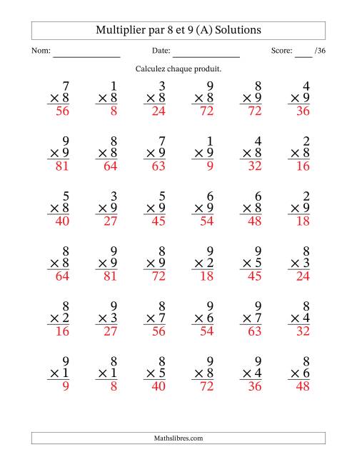 Multiplier (1 à 9) par 8 et 9 (36 Questions) (A) page 2