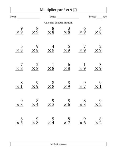 Multiplier (1 à 9) par 8 et 9 (36 Questions) (J)