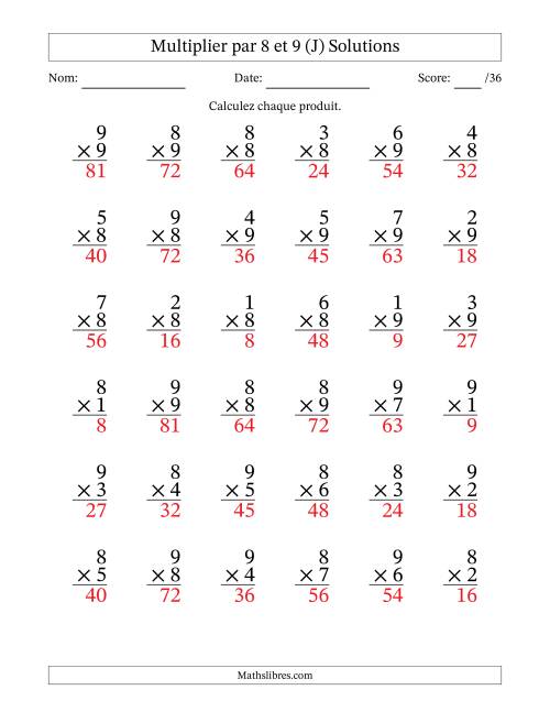 Multiplier (1 à 9) par 8 et 9 (36 Questions) (J) page 2