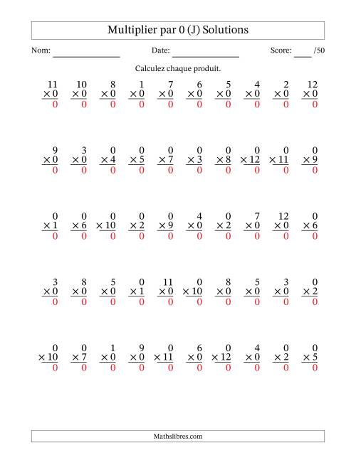 Multiplier (1 à 12) par 0 (50 Questions) (J) page 2