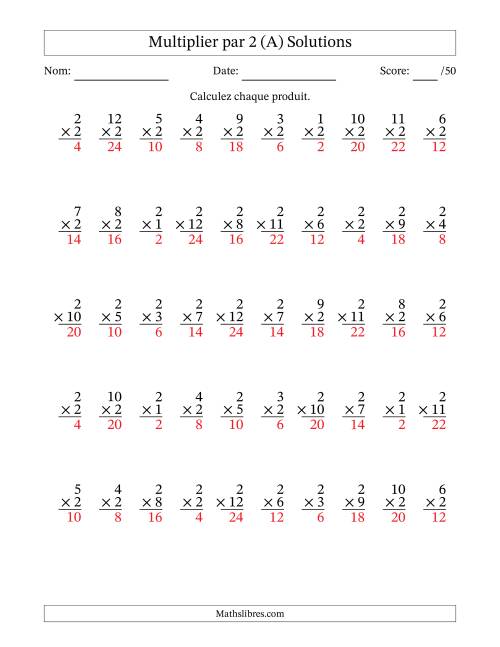 Multiplier (1 à 12) par 2 (50 Questions) (A) page 2