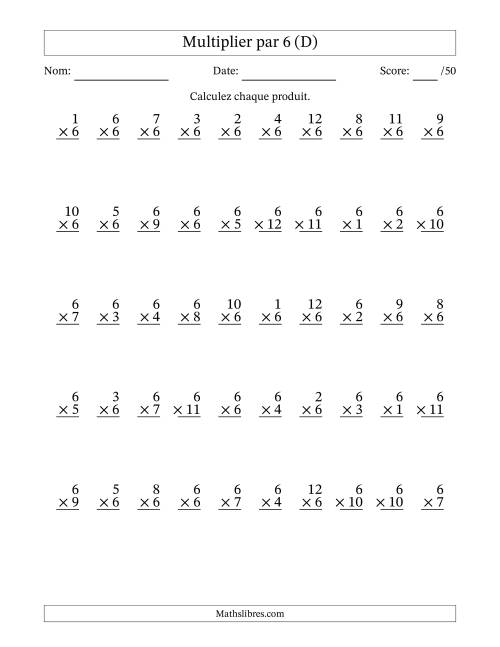 Multiplier (1 à 12) par 6 (50 Questions) (D)