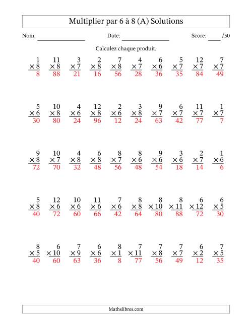 Multiplier (1 à 12) par 6 à 8 (50 Questions) (A) page 2