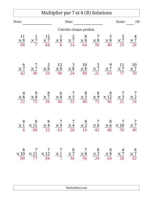 Multiplier (1 à 12) par 7 et 8 (50 Questions) (B) page 2