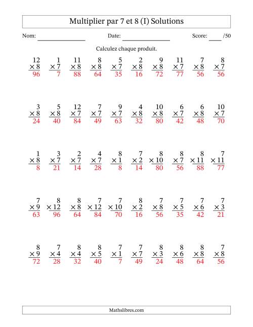Multiplier (1 à 12) par 7 et 8 (50 Questions) (I) page 2