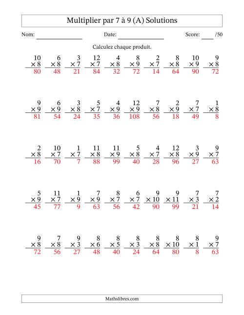 Multiplier (1 à 12) par 7 à 9 (50 Questions) (A) page 2