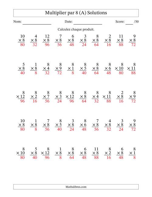 Multiplier (1 à 12) par 8 (50 Questions) (Tout) page 2