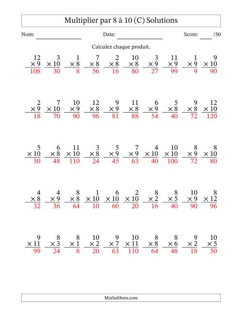 Multiplier (1 à 12) par 8 à 10 (50 Questions) (C) page 2