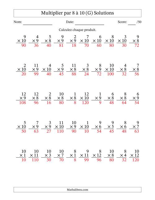 Multiplier (1 à 12) par 8 à 10 (50 Questions) (G) page 2