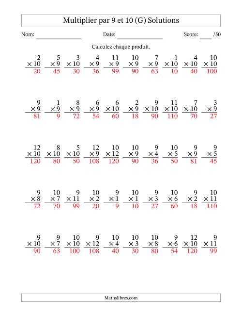 Multiplier (1 à 12) par 9 et 10 (50 Questions) (G) page 2