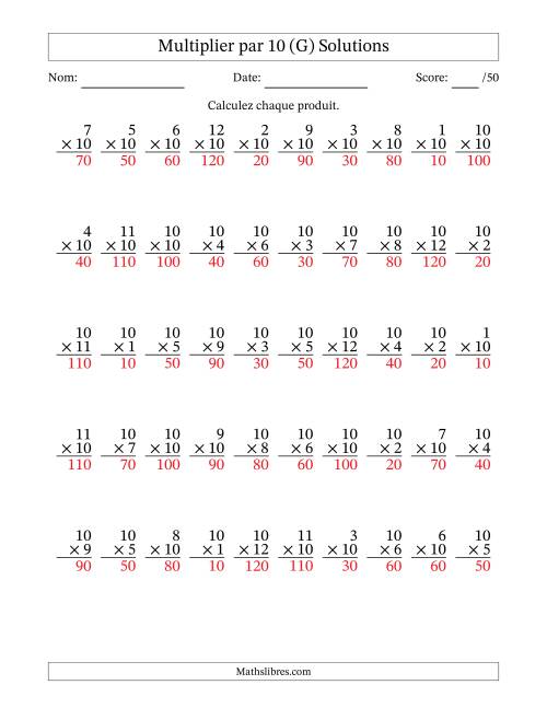 Multiplier (1 à 12) par 10 (50 Questions) (G) page 2