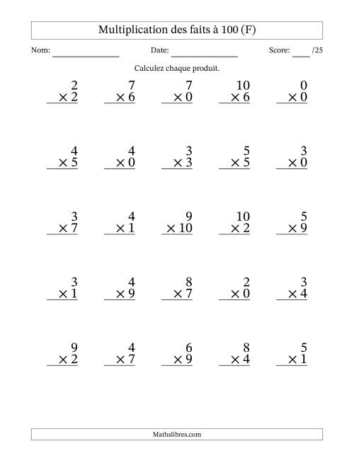 Multiplication des faits à 100 (25 Questions) (Avec zéros) (F)