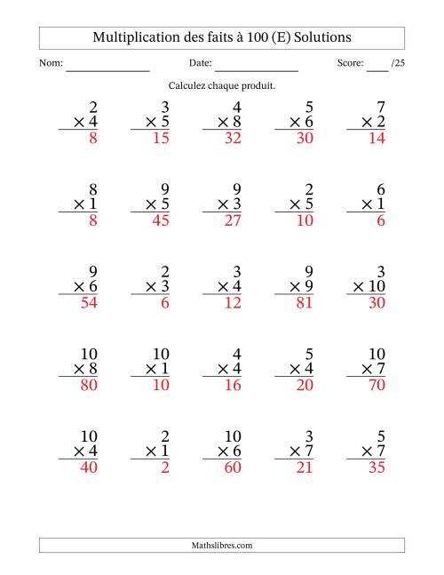 Multiplication des faits à 100 (25 Questions) (Pas de zéros) (E) page 2