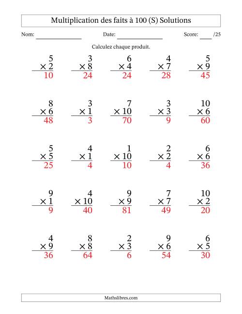 Multiplication des faits à 100 (25 Questions) (Pas de zéros) (S) page 2