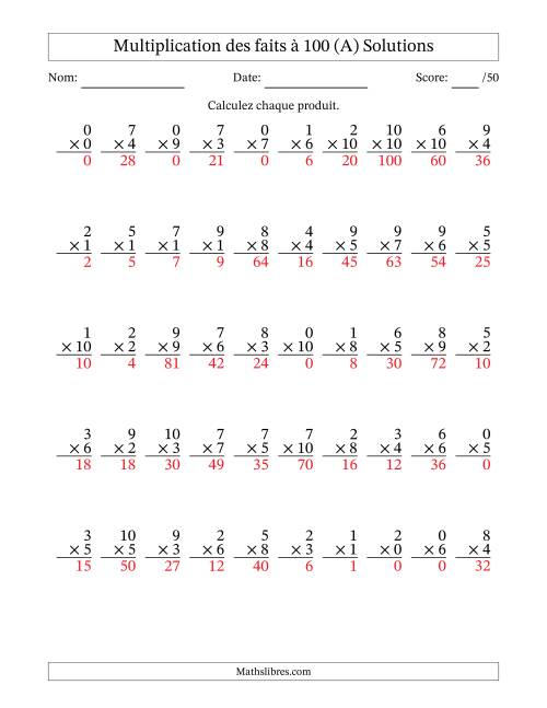 Multiplication des faits à 100 (50 Questions) (Avec zéros) (A) page 2