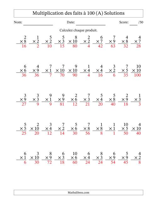 Multiplication des faits à 100 (50 Questions) (Pas de zéros) (A) page 2