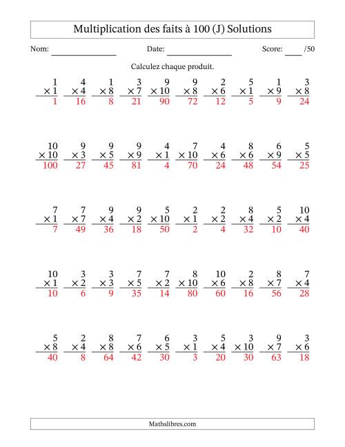 Multiplication des faits à 100 (50 Questions) (Pas de zéros) (J) page 2