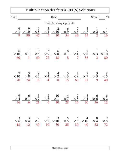 Multiplication des faits à 100 (50 Questions) (Pas de zéros) (S) page 2