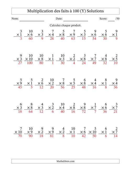 Multiplication des faits à 100 (50 Questions) (Pas de zéros) (Y) page 2