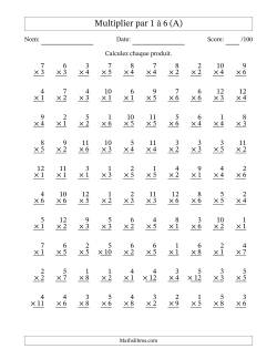 Multiplier (1 à 12) par 1 à 6 (100 Questions)