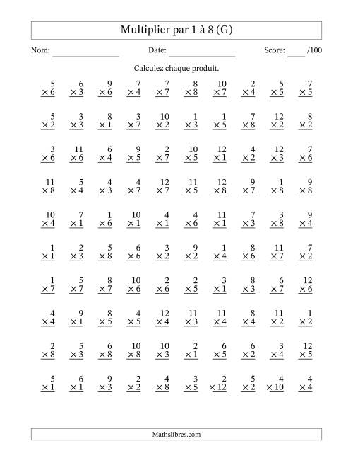 Multiplier (1 à 12) par 1 à 8 (100 Questions) (G)