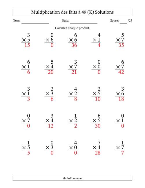 Multiplication des faits à 49 (25 Questions) (Avec Zeros) (K) page 2